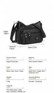 Detailweergave van zachte lederen crossbodytas met afmetingen en opslagspecificaties