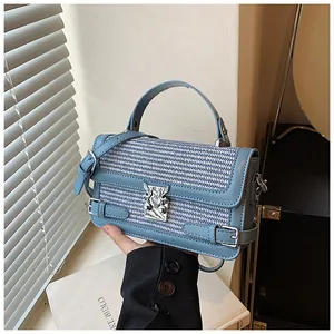 Macro shot of light blue woven leather handbag featuring a vintage angel relief lock buckle