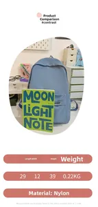 Detailed size specifications for light blue nylon backpack showing 29x12x39cm dimensions