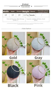 Detailed size chart and multi-color options for the round sequin evening clutch bag