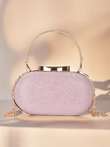 Pochette de soirée rose scintillante avec poignée dorée et fermoir nœud pour mariages