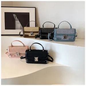 Detailed view of fashionable small square bags in five trendy colors with cat metal clasps