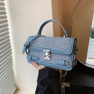 Women Casual PU Leather Woven Square Bag Small Handbag Crossbody Shoulder Bag With Metal Lock Detail Fashion Versatile Bag