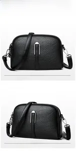 Detailed views of a black shell crossbody bag with silver U-shaped metal trim