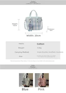 Detail view of checkered bucket bag with measurements 20x15x8cm and plush monster charm