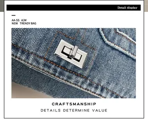 Detail of blue denim bag featuring a silver rhinestone turn-lock and yellow stitching