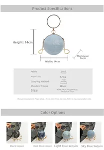 Detailed view of spherical dinner bag dimensions showing metal handle and chain strap