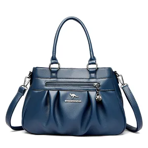 Dark blue ruched crossbody bag for women with multiple compartments and textured finish