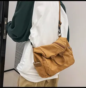 Brown washed canvas crossbody bag with adjustable straps and multiple zip pockets shown on back