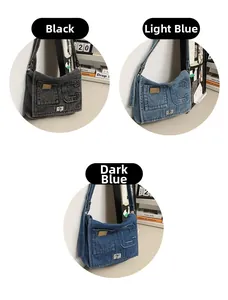 Detailansicht gewaschener Jeans-Umhängetaschen in Schwarz, Hellblau und Dunkelblau