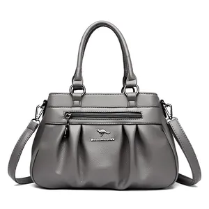 Deep grey pleated large capacity tote bag with荔枝纹 grain leather and crossbody strap