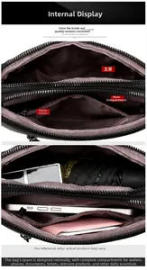 Internal display of large capacity crossbody bag with multiple compartments and zippers