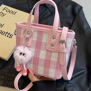 Women's Mini Checkered Bucket Bag Small Woven Handbag With Plush Monster Charm Rivet Shoulder Bag Fashion Tote Bag