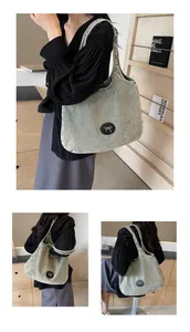 Detail of vintage green denim tote bag with bow patch and spacious shoulder design