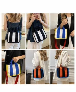 Mehrere Ansichten einer gestreiften Canvas-Tasche mit Modell in Lifestyle-Innenräumen