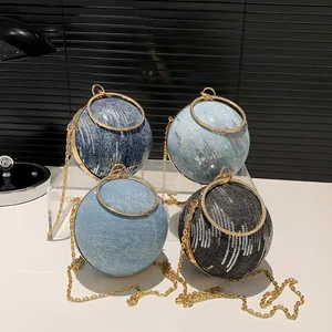 Women Round Sequin Denim Evening Bag With Rhinestone Circle Handle Metal Chain Strap Fashion Ball Clutch Handbag For Party