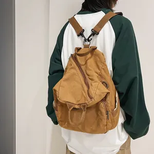 Large Capacity Washed Canvas Backpack For Men Women Solid Color Multi-Pocket Casual Shoulder Crossbody Bag School Bag