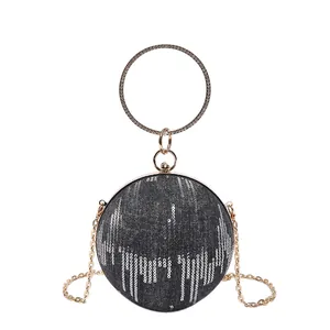 Sparkling silver sequin round evening ball handbag with metal ring handle and gold chain