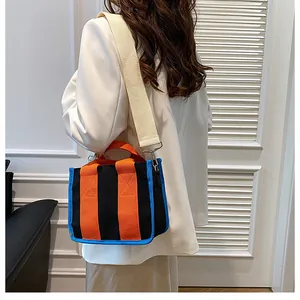 Detail der Canvas-Tasche mit Kontrastfarben, orangefarbenen Streifen und blauem Kantenschutz
