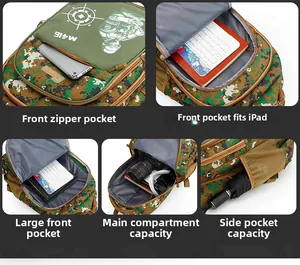 Detailweergave van de meerlaagse vakken en de grote opslagcapaciteit voor camouflage rugzak