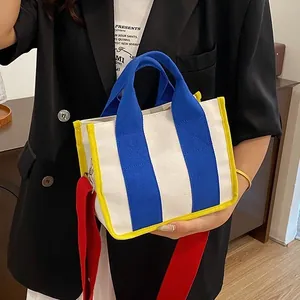 Dames Contrastkleur Canvas Tote Bag Stijlvolle Vierkante Lunchbox Handtas Met Verstelbare Brede Webbing Schouderriem Voor Casual Dagelijks Gebruik