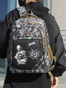 Zaino scolastico tattico mimetico per ragazzi con stampa M416 e motivo digitale grigio