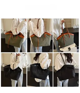 Detailed views of army green and black tote bags with leather trim on a model