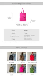 Detailed view of pink canvas tote bag showing dimensions 35x43x15cm and embroidery features