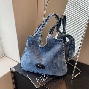 Vintage Washed Denim Tote Bag For Women Large Capacity Shoulder Bag With Stylish Bow Decoration Casual Travel Hobo Handbag