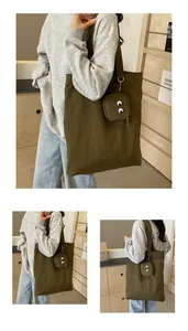Detail of olive green tote bag set with cute embroidered monster eyes on coin purse