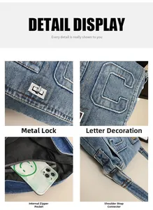 Detailansicht der Denim Tasche mit Metallschloss, Reißverschlussfach und C-Aufnäher
