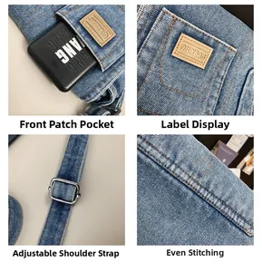 Detailsicht der Denim-Umhängetasche mit verstellbarem Gurt und geprägtem Logo-Patch aus Leder