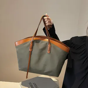 Fashion Large Capacity Women Tote Bag Oxford Cloth Canvas Splicing PU Leather Shoulder Bag Casual Commuter Shopping Handbag