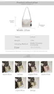 Size chart and color options for large capacity Chinese style embroidered bucket shoulder bag