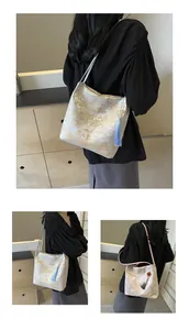 Detail view of New Chinese style jacquard shoulder bags with traditional landscape patterns