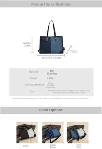 Detailed chart showing PU and denim patchwork tote bag dimensions and specifications