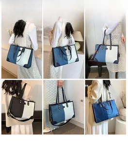 Detail shots showing high-capacity tote bag with denim patchwork and striped strap