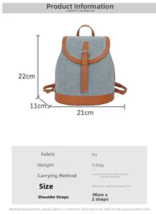 Detailed size chart for blue denim and brown leather mini backpack showing 21x22x11cm dimensions