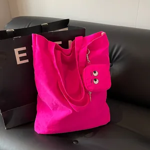 Women Fashion Canvas Tote Bag With Embroidered Monster Eyes Pouch Foldable Large Capacity Shoulder Bag Casual Shopping Bag
