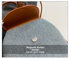 Detail of the magnetic button closure and blue shimmering fabric with brown leather trim