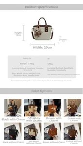 Detailed chart showing woven tote bag dimensions, PU material specs, and color options