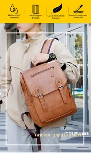 Bruine vintage leren rugzak met waterdichte stof en meerlaagse ontwerpdetails