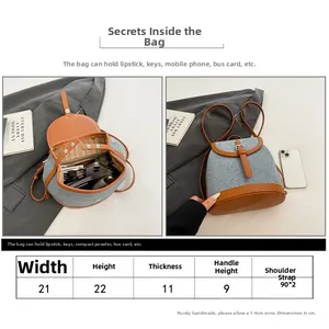 Detailed size chart for blue woven backpack showing 21x22x11cm dimensions and capacity