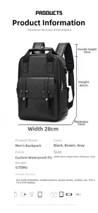 Detail of waterproof PU leather backpack with dimensions and USB port for 15.6 inch laptops