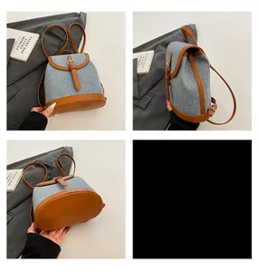 Detail shots showing the textured blue fabric and brown leather bottom of the backpack