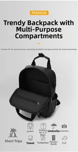 Detail view of the multi-functional interior compartments of the black leather backpack