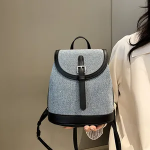 Women Vintage Denim PU Leather Stitched Backpack Fashion Mini Large Capacity Casual Travel School Bag For Girls