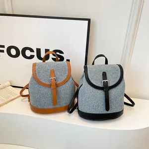 Mini casual contrast canvas backpack for women with leather trim and flap buckle closure