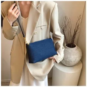 Vue détaillée du sac en jean bleu avec fermeture éclair dorée et fine bandoulière noire