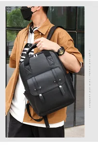 Close-up of black pebble faux leather backpack texture with magnetic buckle detail